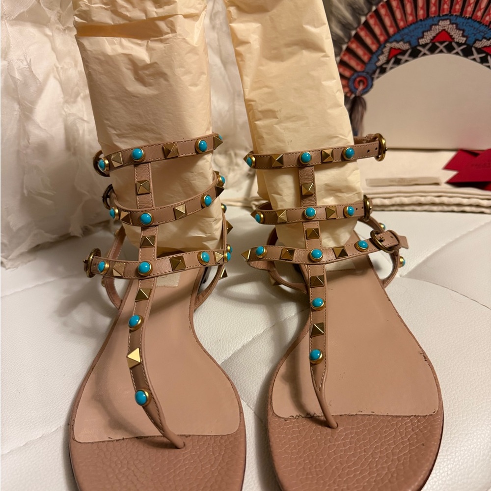 Valentino Tan Gladiator Sandals with Turquoise Studs